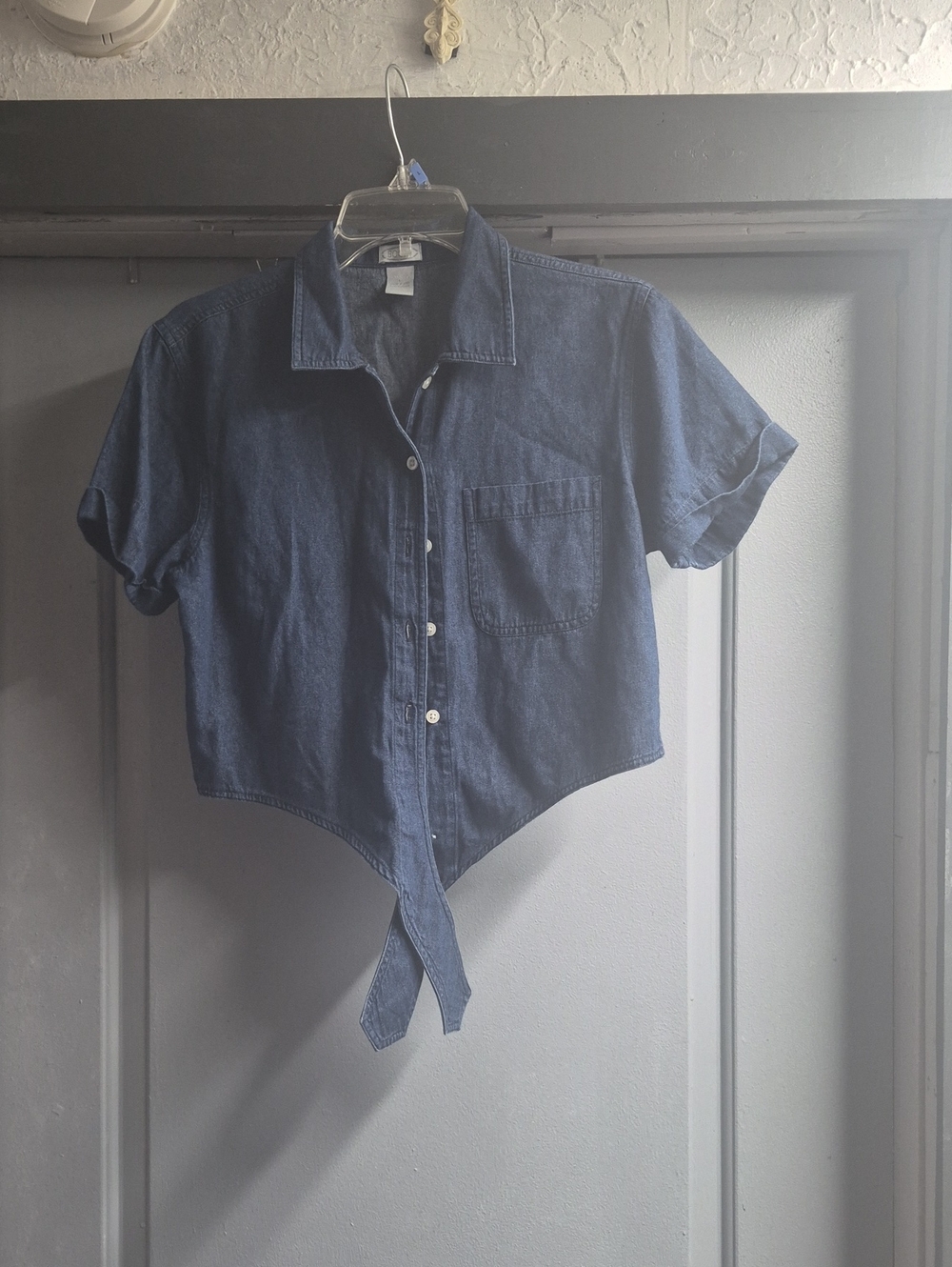 Denim Tie-Front Crop Shirt - Blue Junior
